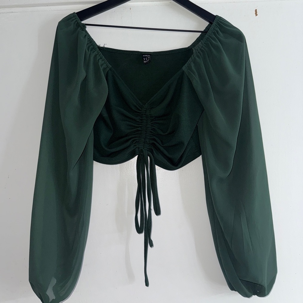 2/$15 SHEIN Green Ruched Crop Blouse Long Sleeve - Picture 1 of 4